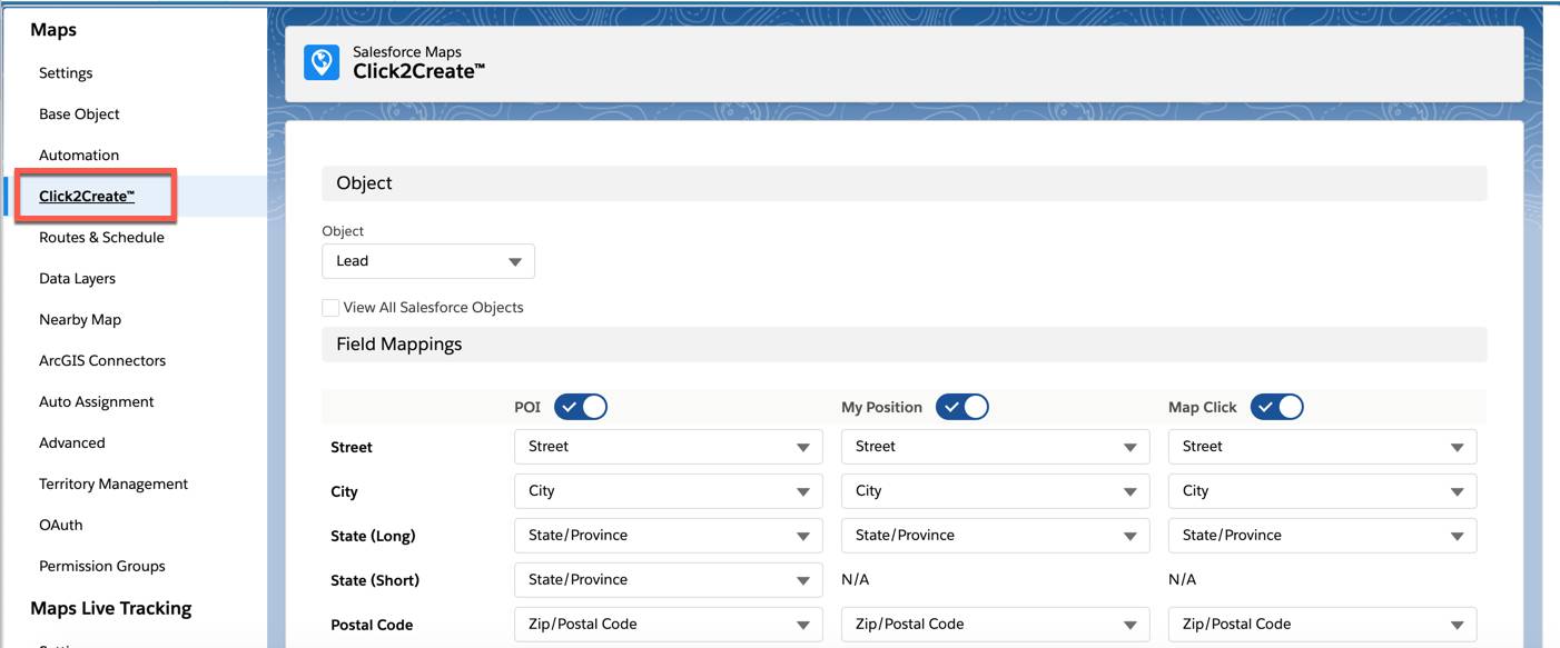 Screenshot shows the Click2Create configuration page in Salesforce Maps.