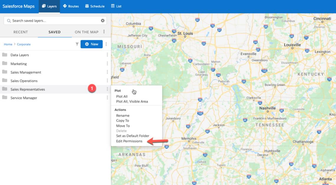 Screenshot shows the Salesforce Maps user interface. Folders are displayed on the left panel, and Edit Permissions is highlighted.