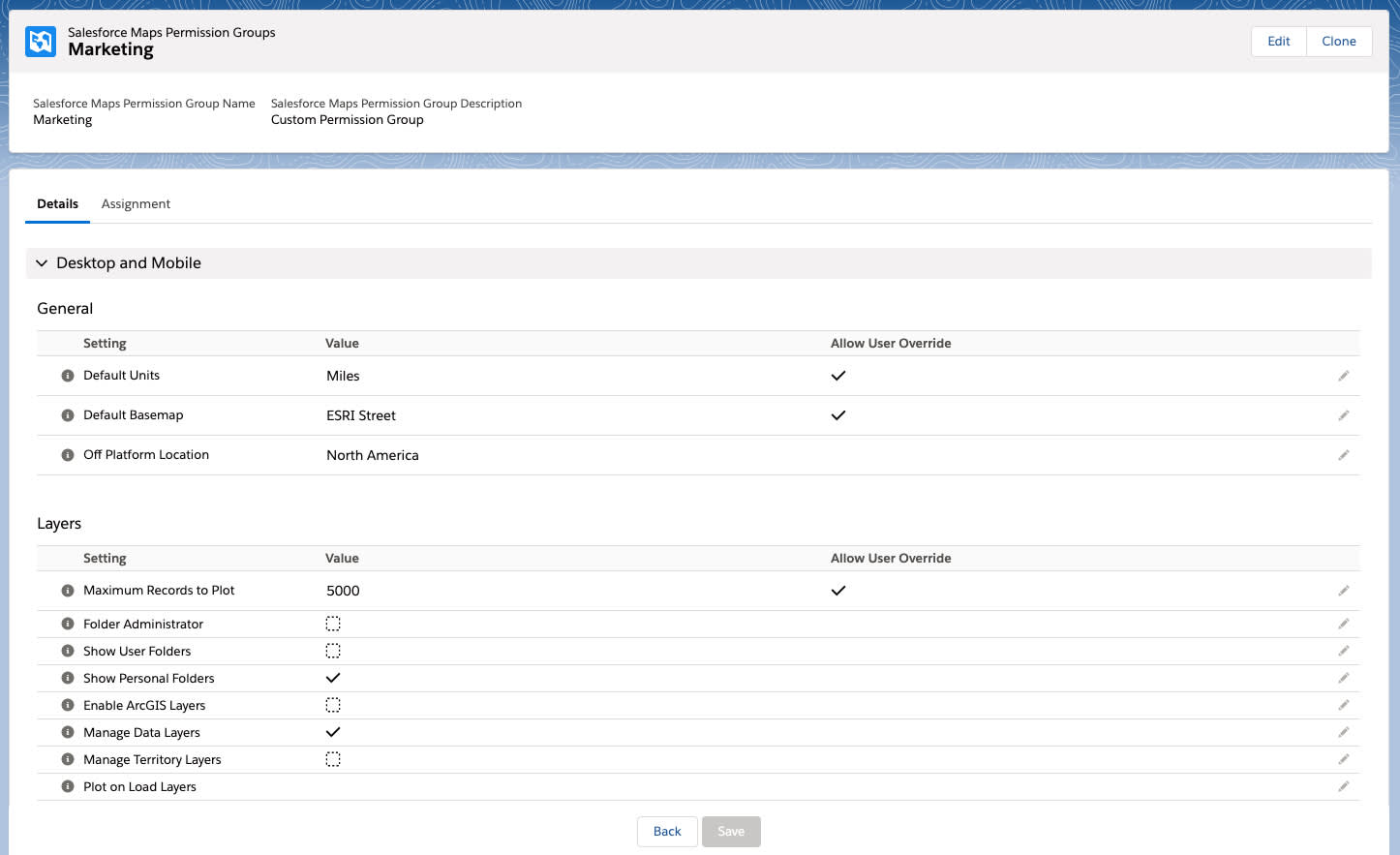 Screenshot shows the Salesforce Maps Permission Groups default page. This page is used to fill in details about the permission group, such as the name of the group; select features; and assign profiles or users.