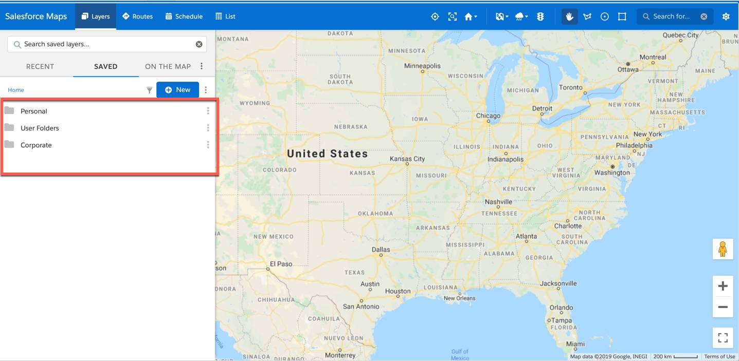 Screenshot shows the Salesforce Maps user interface and highlights three folders on the left panel: the personal folder, the user folders, and the corporate folder.