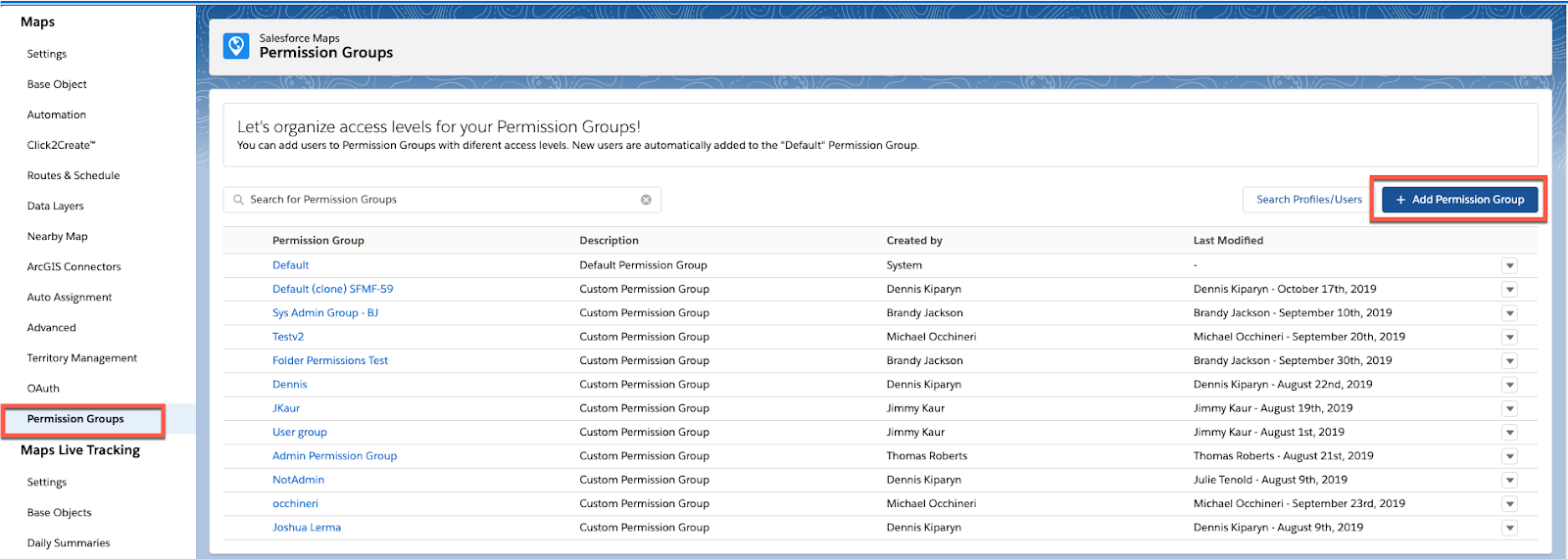 Screenshot shows the Salesforce Maps Permission Groups page and highlights the Add Permission Group button.