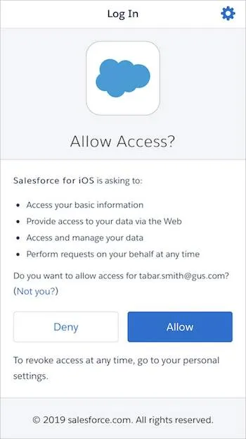 Screenshot der mobilen Salesforce-Anwendung, die die Berechtigung zum Datenzugriff anfordert