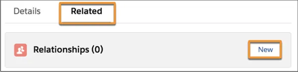 The Related tab and Relationship section on a contact record.