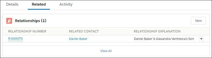 The relationship record for Alex Ventresca displays Daniel Baker as her son.