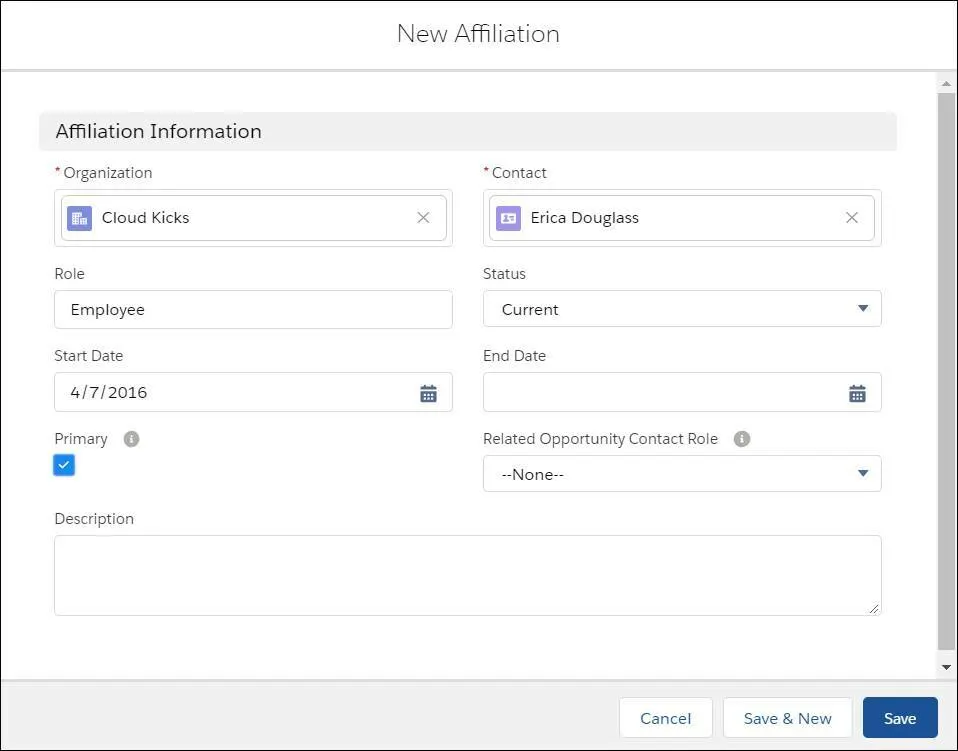 The New Affiliation creation form.