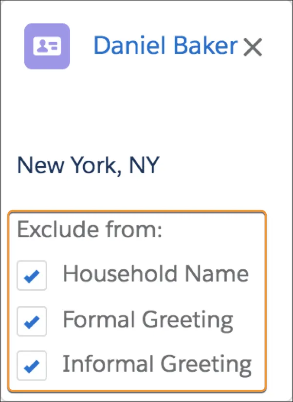 Options to exclude a household member from message greetings.