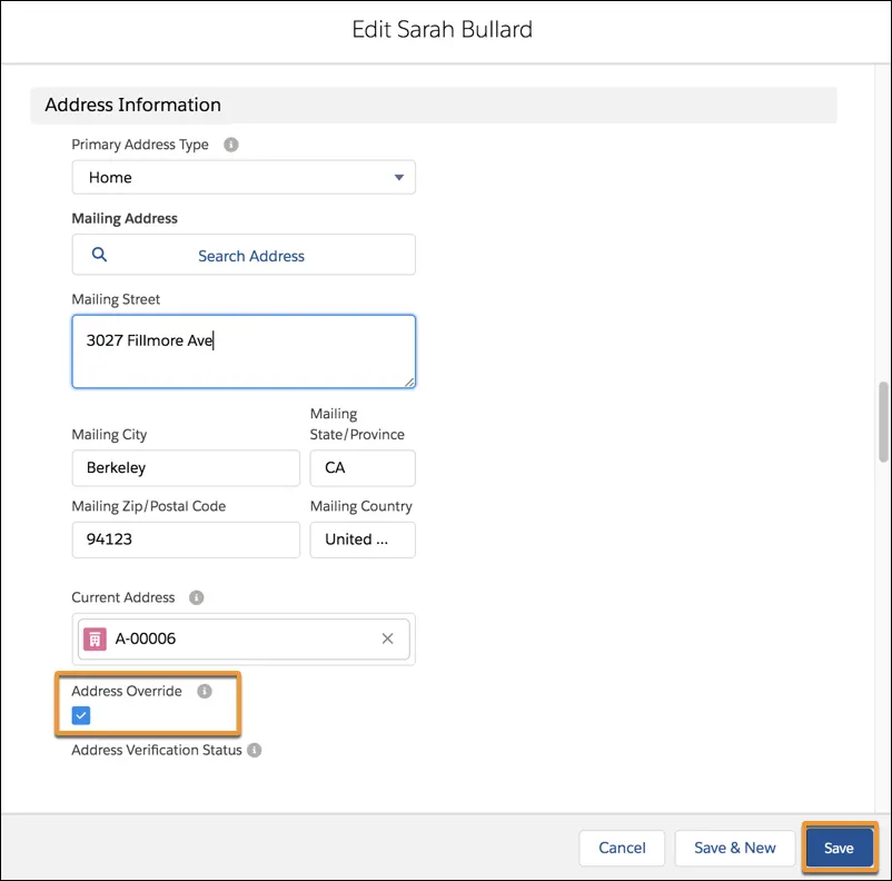 The Address Override option on the Edit Contact page.