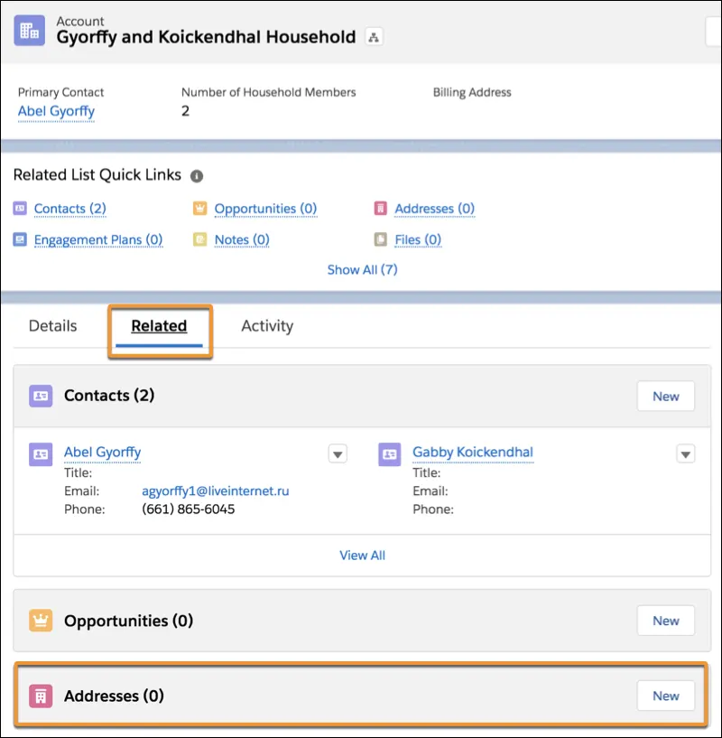 The Addresses section in the related lists on a household account record.