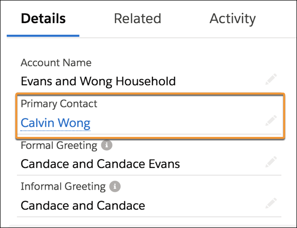 The Primacy Contact field on a household account record.