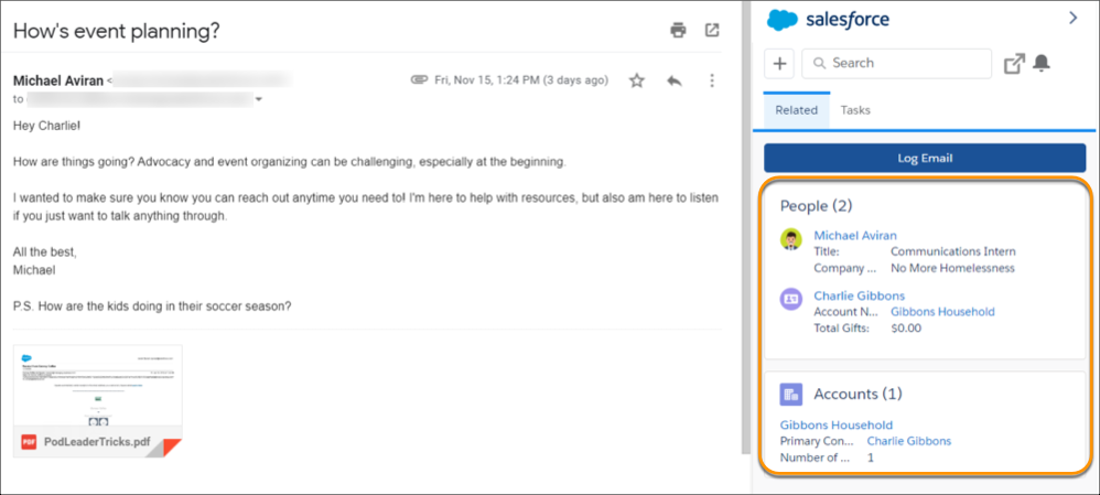 La boîte de réception Gmail, dans laquelle des enregistrements Salesforce sont accessibles