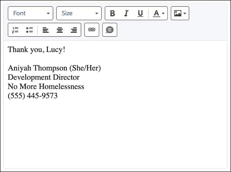 A draft email that says Thank you, Lucy!