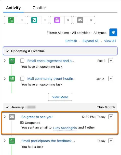 An email in the Activity timeline