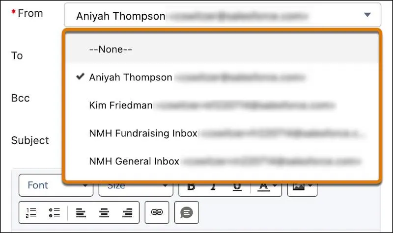 A list of addresses to choose from, including an executive director, a fundraising inbox, and a general inbox.