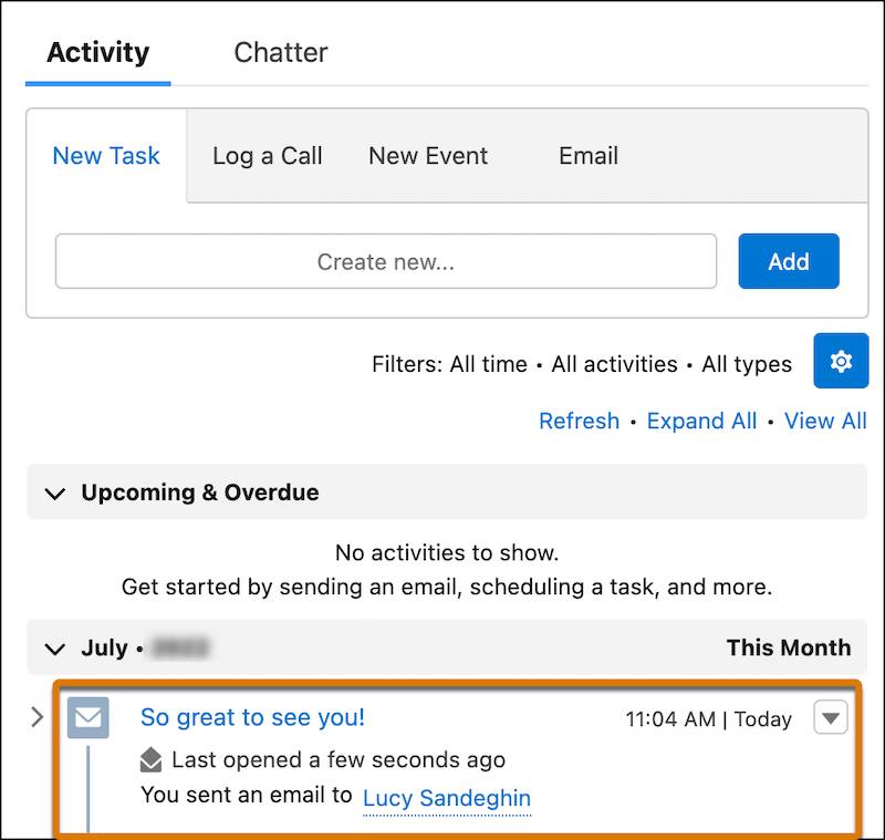 An email in the Activity timeline