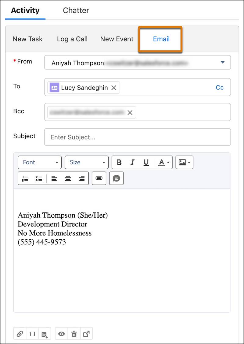 The Email tab on the Activity panel