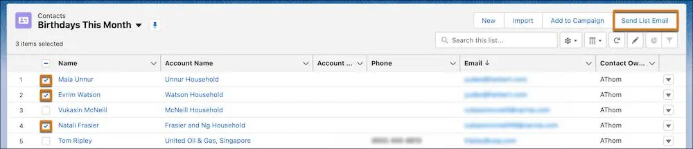 Selected contacts in a list view with the Send List Email button