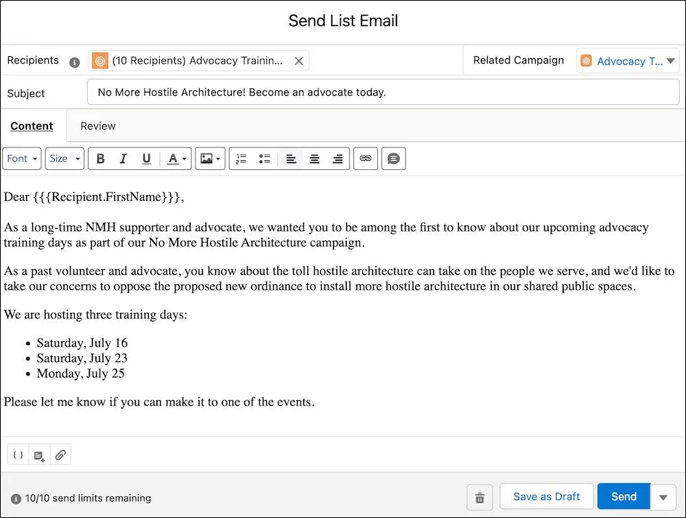 Brouillon d’e-mail avec un champ de fusion.