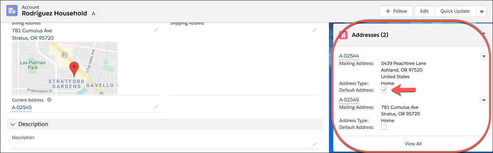 Vanessa Rodriguez’s two mailing addresses on the account record.