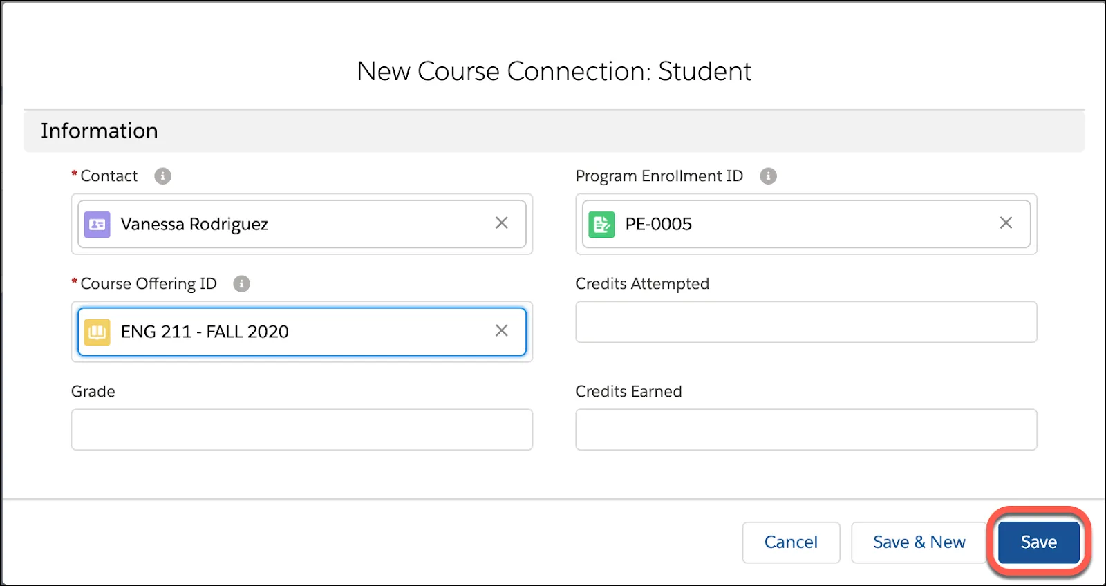 New Course Connection record
