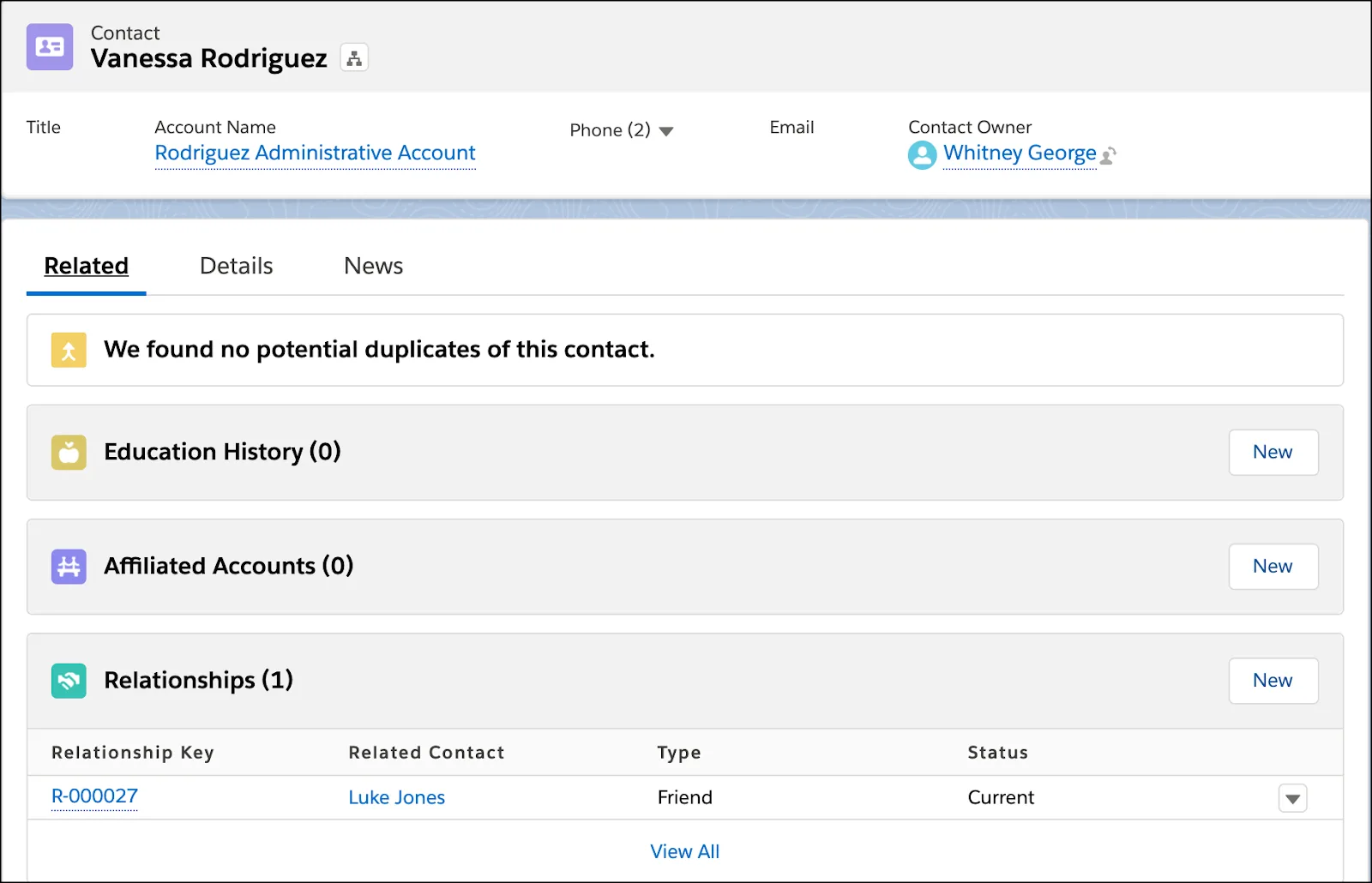 Vanessa Rodriguez’s contact record listing her Relationships, Program Enrollments, and Course Connections.