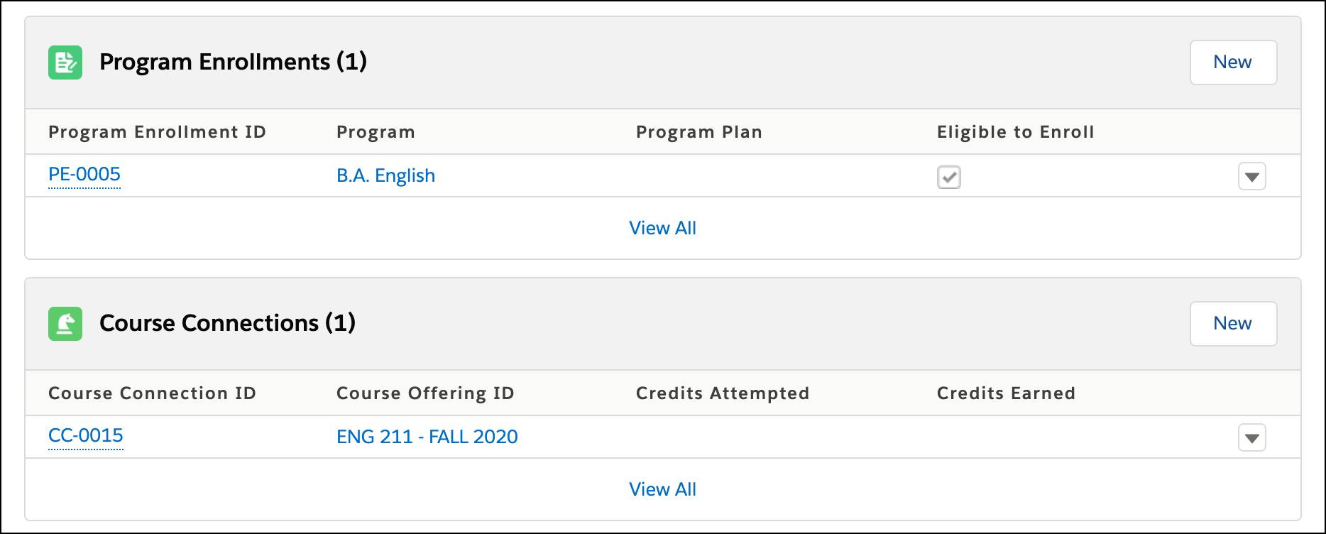 Vanessa Rodriguez’s contact record listing her Relationships, Program Enrollments, and Course Connections.