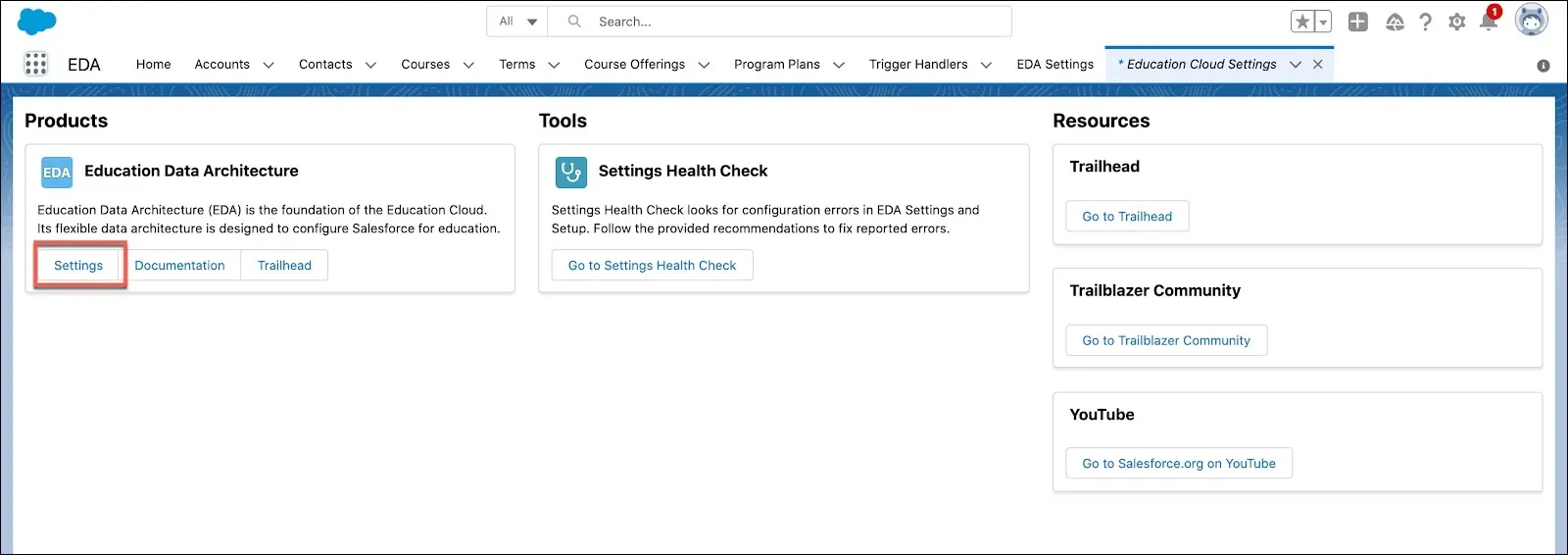 Navigate to EDA Settings from Education Cloud Settings.