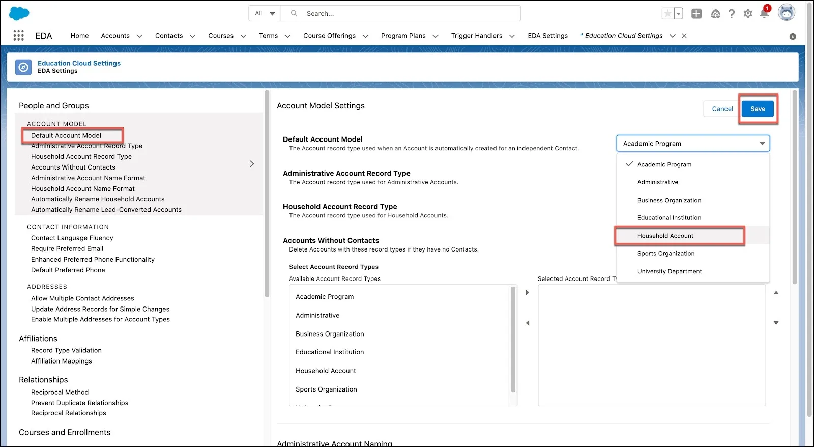 Make changes to the Default Account Model in EDA Settings.