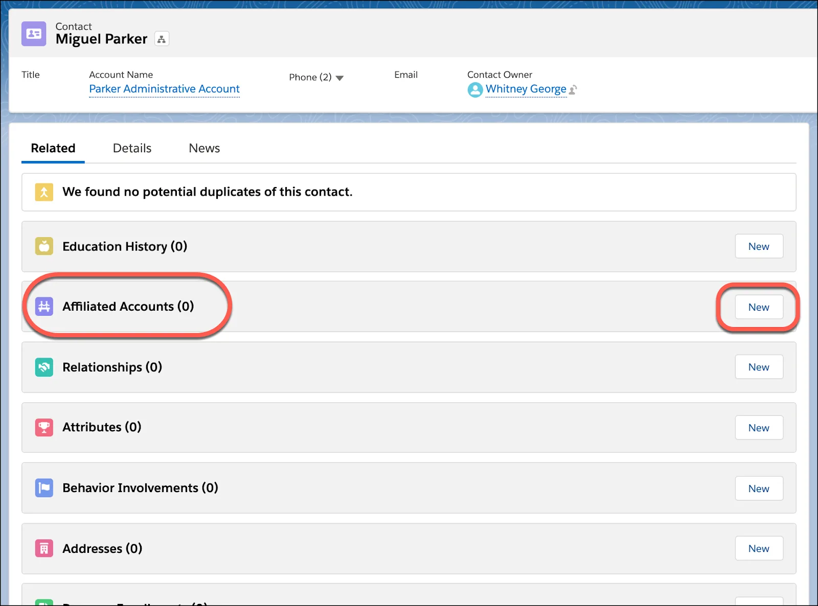 New button on the Affiliated Accounts related list.