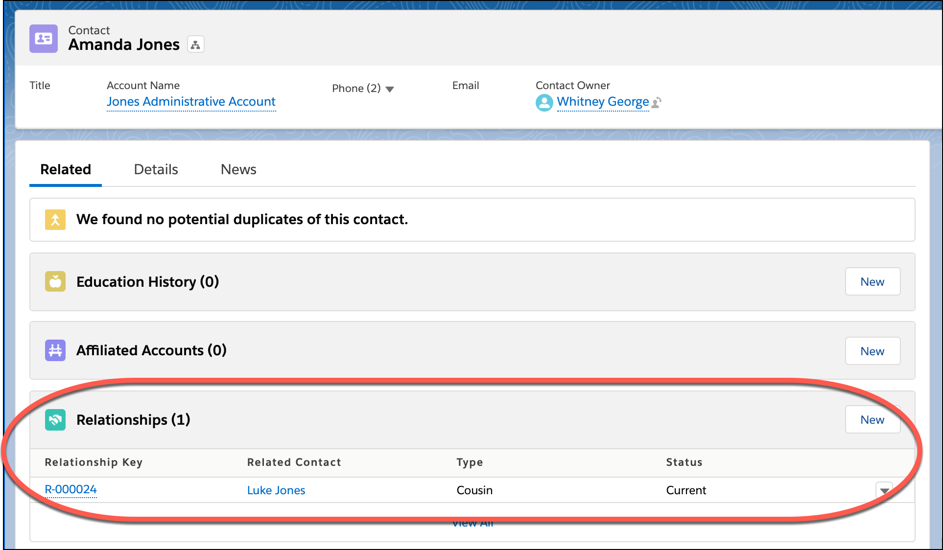 Amanda’s contact record listing a Relationship to Luke Jones.