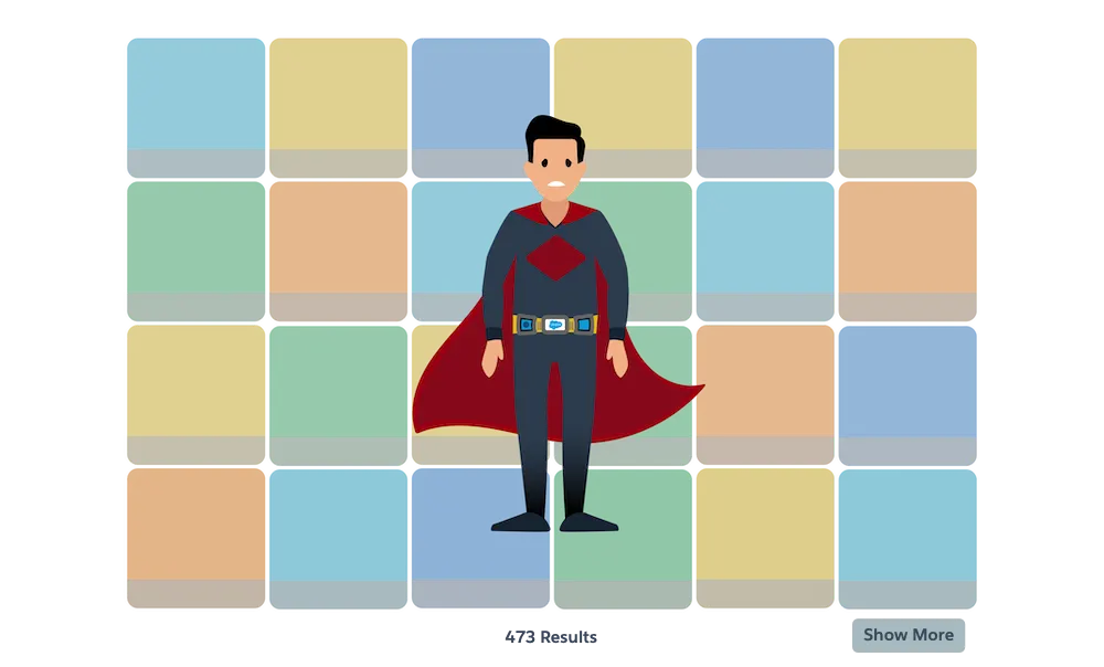 A superhero admin wearing the superhero utility belt, and standing in a pile of listing tiles