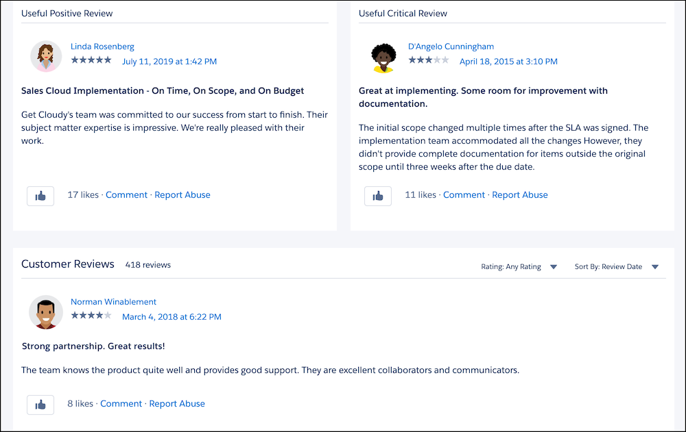 Reviews on the Get Cloudy consultant listing on AgentExchange