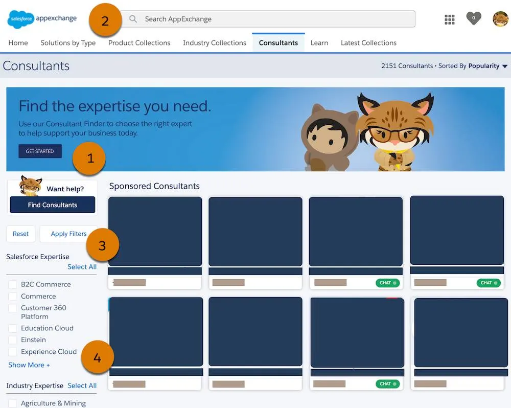 A view of the AppExchange Consultants home page with numbered callouts on the Consultant Finder, search, listing tile area, and filters