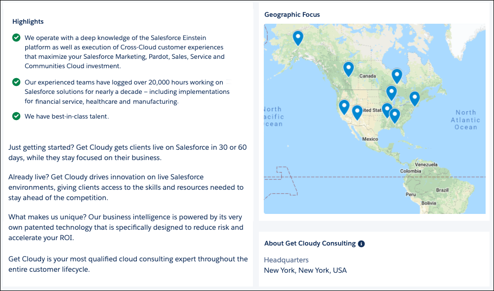 The Highlights, Geographic Focus, and About sections of the Get Cloudy consultant listing on AgentExchange