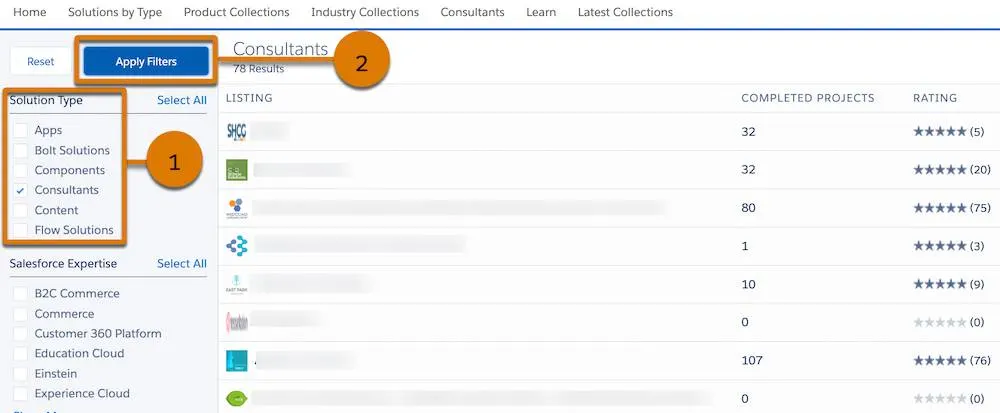  The search results page on AppExchange with highlights around Solution Type filters and Apply Filters button