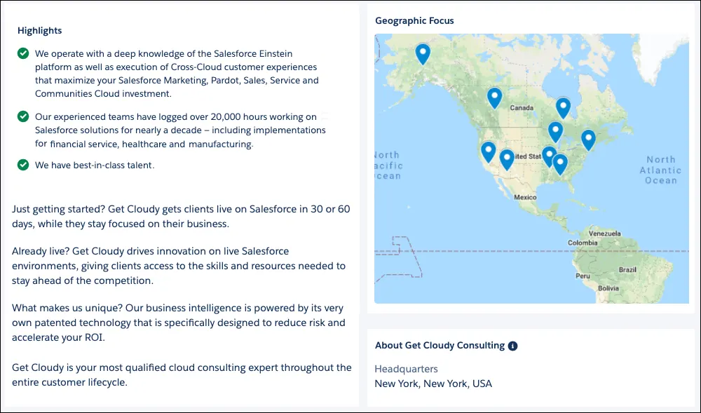 The Highlights, Geographic Focus, and About sections of the Get Cloudy consultant listing on AppExchange