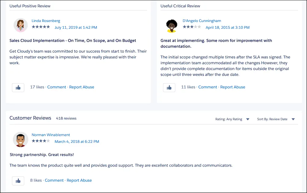 Reviews on the Get Cloudy consultant listing on AppExchange