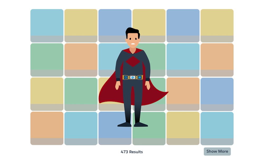 A superhero admin wearing the superhero utility belt, and standing in a pile of listing tiles