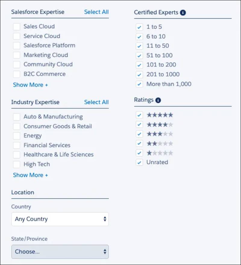 The list of consultant filters on AgentExchange