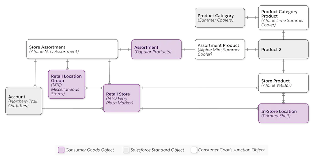 The store-product data model showing the relationship between stores, assortments, products, categories, and in-store locations.