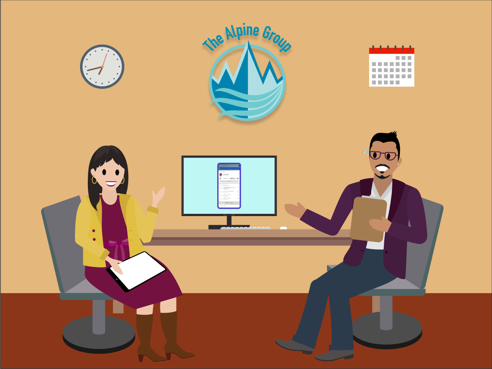 Alpine Group のオフィスでフィールド営業担当向けの Consumer Goods Cloud オフラインモバイルアプリケーションの設定について話し合う Gustavo と Fatima。