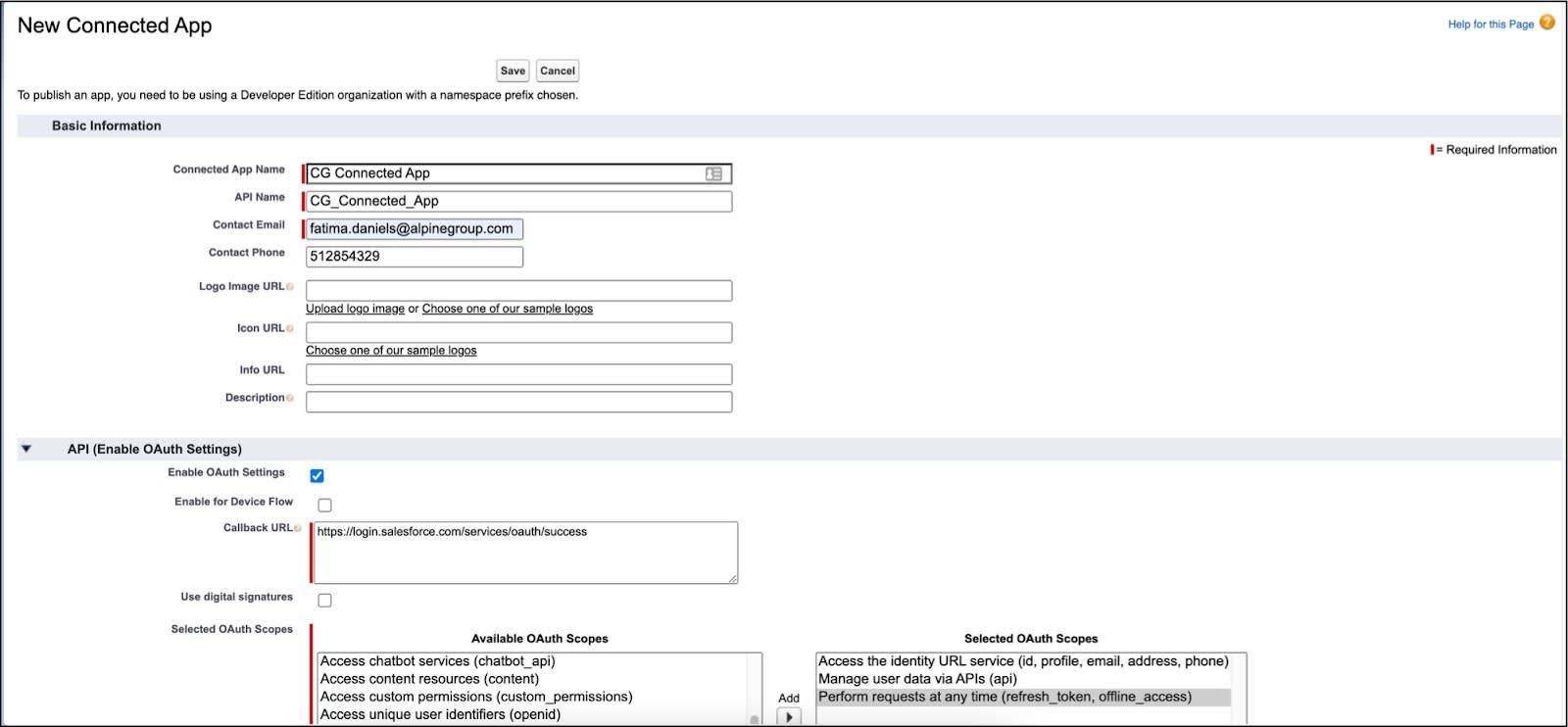 接続アプリケーションを作成するためのオプションが表示されている [New Connected App (新規新規接続アプリケーション)] ページ。
