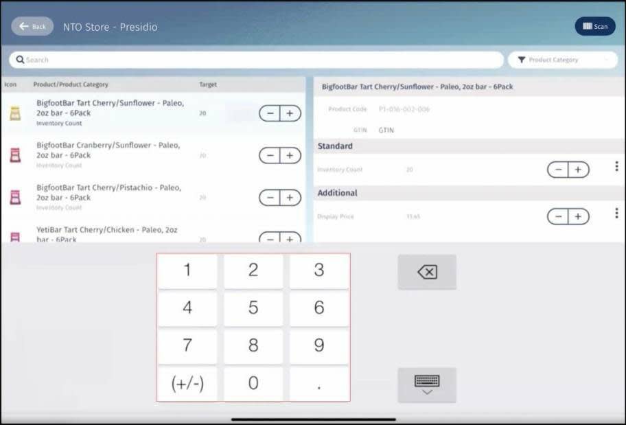 The inventory check task page showing the numeric soft keyboard which can be used to enter a desired KPI value for a product or product category.