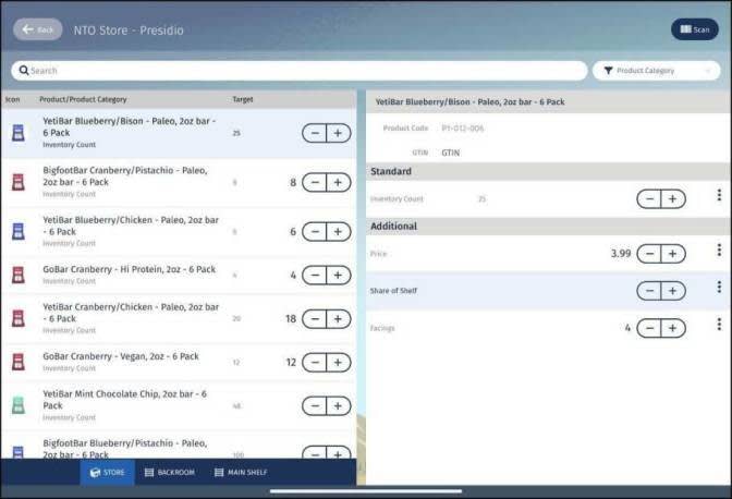 The inventory check task page showing a list of product KPIs and the options to enter the KPI value for each product or product category.