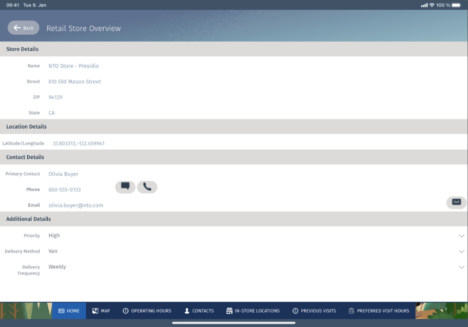 The Retail Store Overview page showing details of a retail store such as address, location, contact details, and priority.