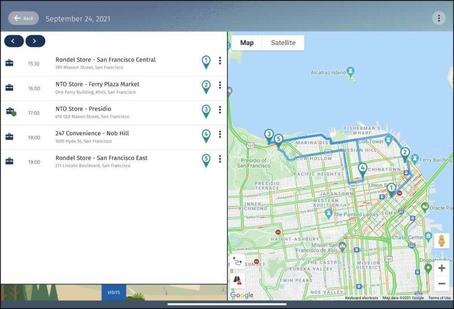 The Daily View page showing the list of stores Chantelle’s scheduled to visit on the selected day along with route information.