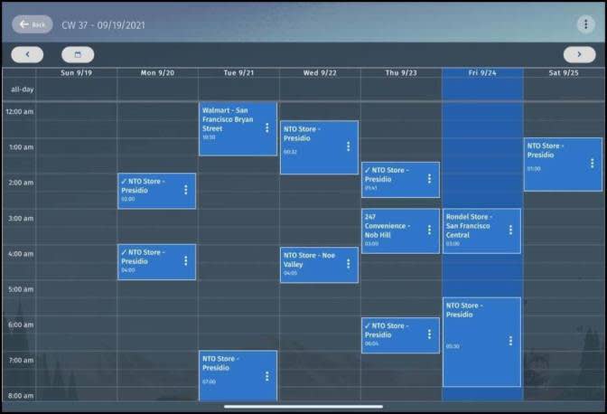Chantelle が今週予定している訪問が示されている [Visit Calendar (訪問カレンダー)] ページ。