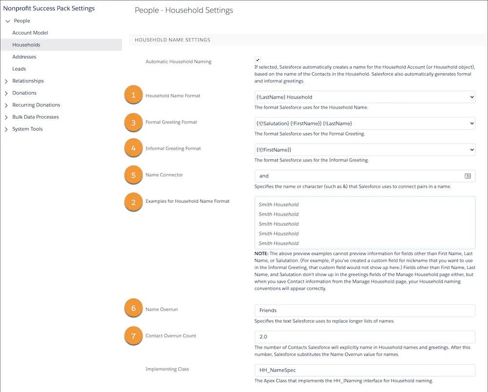 The elements on the Household Name Settings page.