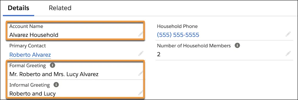 Account Details, highlighting Account Name, Formal Greeting, and Informal Greeting fields