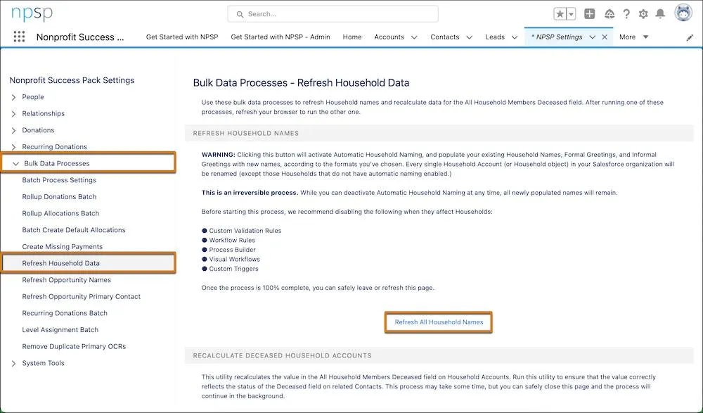 NPSP Settings, highlighting Refresh Household Names