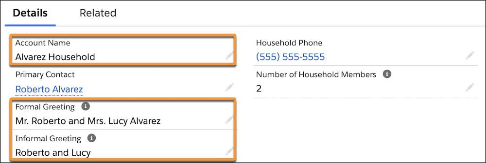 Détails du compte, où sont mis en évidence les champs Nom du compte, Salutation formelle et Salutation informelle